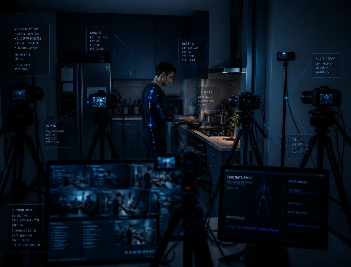 Multi-camera and depth-sensor capture setup recording a human demonstration in a real kitchen
