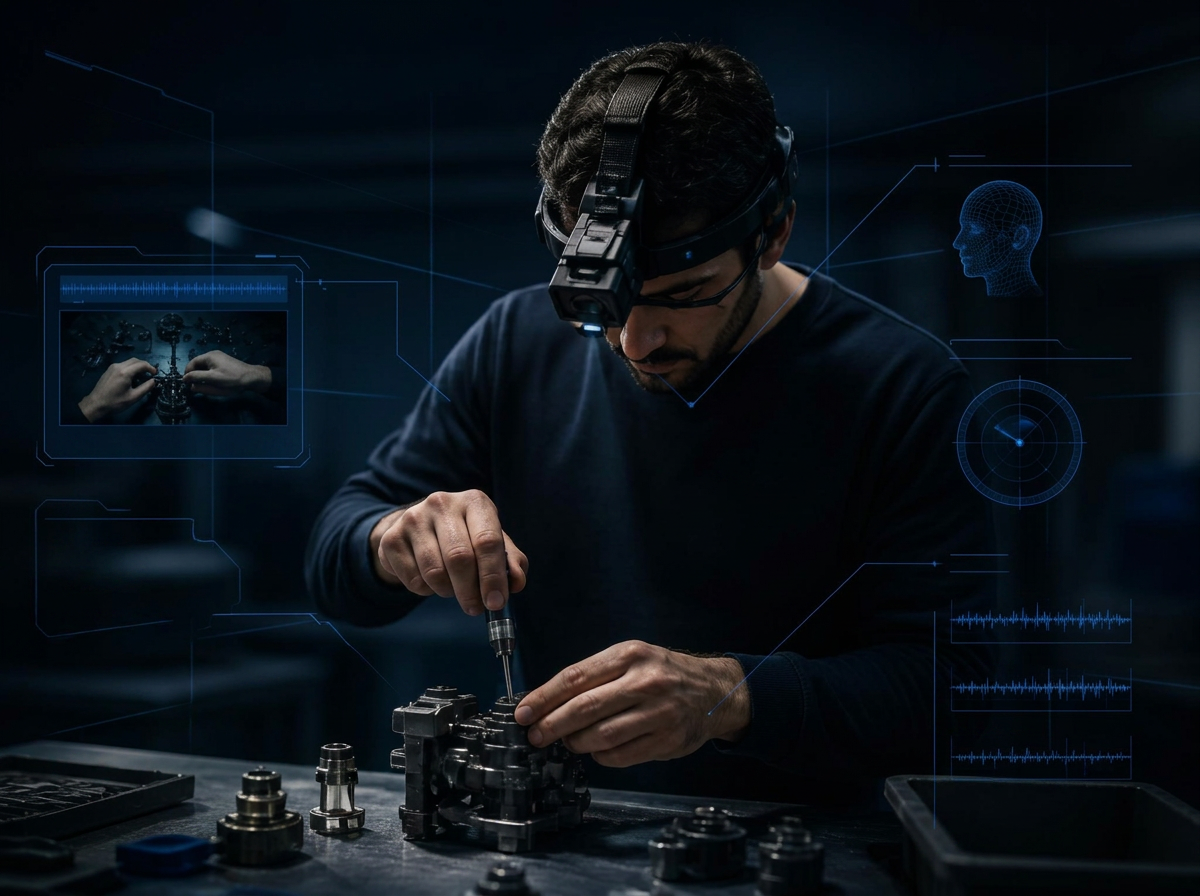 Operator wearing a head-mounted camera rig recording egocentric data while assembling parts
