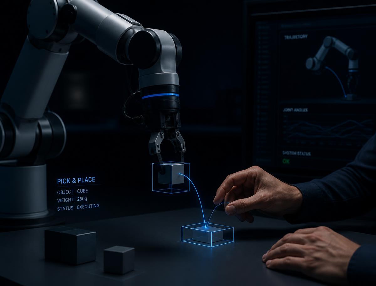 Robotic arm and human hands performing a pick-and-place task with trajectory overlays